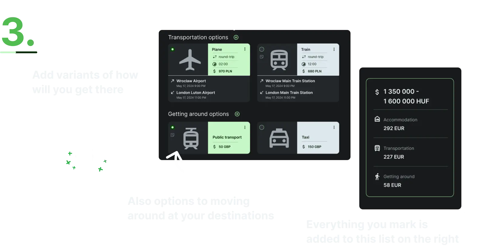 Step 3: Add variants of how you will get there and how will you get around at your destination